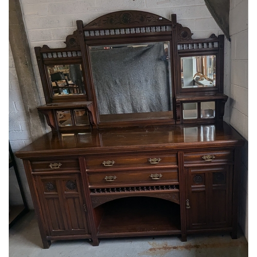 920 - Antique Carved Mirror Backed Sideboard With Carved Detailing - In 2 Parts - 220 x 185 x 58cm