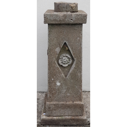 827 - Large Stone Plinth With Rose On - 75 x 31 x 31cm