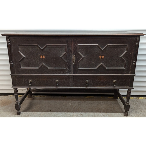 914 - Jacobean Sideboard With 2 Drawers And Cupboards With Inlaid Detailing - 92 x 137 x 50cm