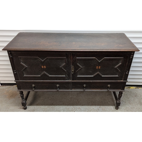 914 - Jacobean Sideboard With 2 Drawers And Cupboards With Inlaid Detailing - 92 x 137 x 50cm