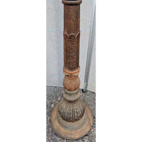 916 - Antique Carved Standard Lamp With Triple Light Fitting - Some Cracking, As Pictured - 185cm Tall