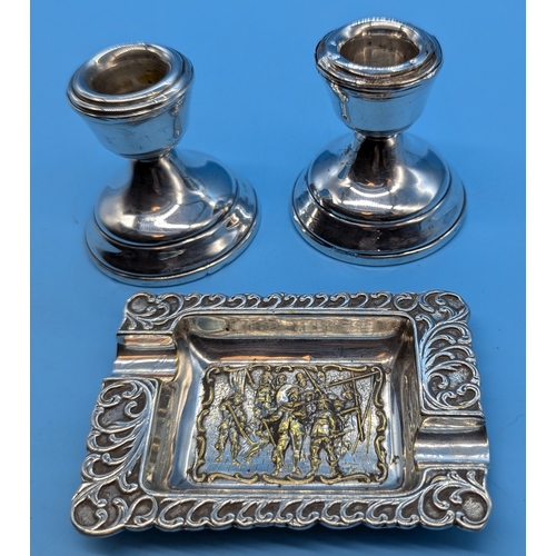 237 - A Pair Of Hallmarked Silver Candlesticks And A White Metal Ashtray