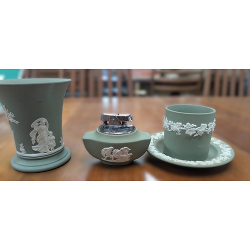 766 - Vintage Wedgewood Green Jasperware Including: A Ronson Table Lighter; Posy Vase - 10cm Tall; Cup And... 