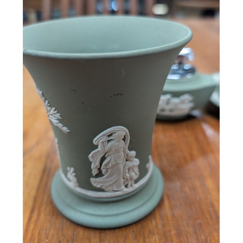 766 - Vintage Wedgewood Green Jasperware Including: A Ronson Table Lighter; Posy Vase - 10cm Tall; Cup And... 