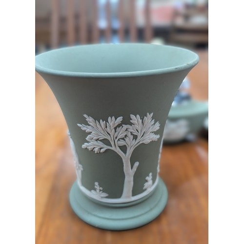 766 - Vintage Wedgewood Green Jasperware Including: A Ronson Table Lighter; Posy Vase - 10cm Tall; Cup And... 