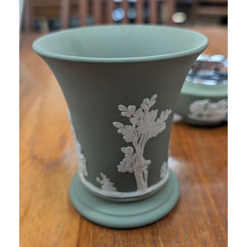 766 - Vintage Wedgewood Green Jasperware Including: A Ronson Table Lighter; Posy Vase - 10cm Tall; Cup And... 