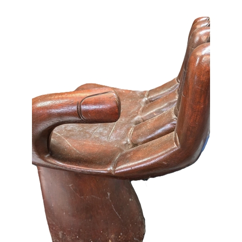 22 - Retro 1970's Solid Wood Hand Shaped Chair 66cm Tall to Tip of Fingers, approx 39cm Wide