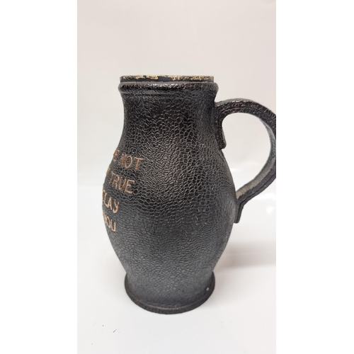 604 - Antique Royal Doulton Lambeth Black Jack Motto Jug, Leather Effect Dark Brown Ceramic Jug (Silver Ri... 