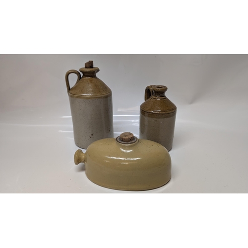 609 - 2 x Antique Stoneware Falgons 19cm H and 23cm H and a Stoneware Hot Water Bottle