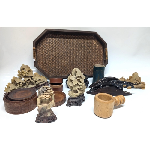 635 - A Selection of Oddments inc. Oriental Soap Stone Carvings, Wooden Coasters, Stand, Leather Box with ... 