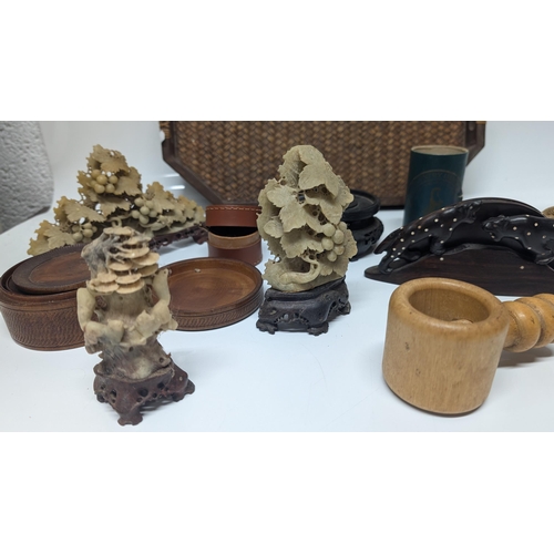 635 - A Selection of Oddments inc. Oriental Soap Stone Carvings, Wooden Coasters, Stand, Leather Box with ... 