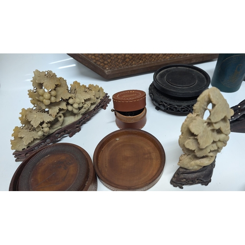 635 - A Selection of Oddments inc. Oriental Soap Stone Carvings, Wooden Coasters, Stand, Leather Box with ... 