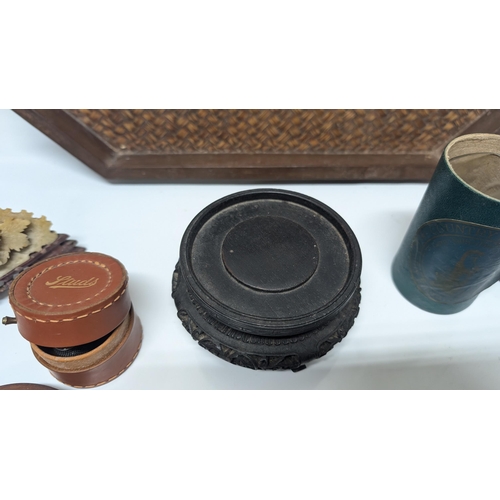 635 - A Selection of Oddments inc. Oriental Soap Stone Carvings, Wooden Coasters, Stand, Leather Box with ... 