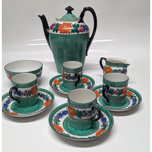 636 - Antique 1900's Art Deco Czech Hand Painted Coffee Set including Coffee Pot, 4 x Cups and Saucers, Mi... 