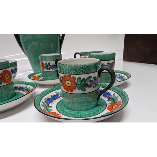 636 - Antique 1900's Art Deco Czech Hand Painted Coffee Set including Coffee Pot, 4 x Cups and Saucers, Mi... 