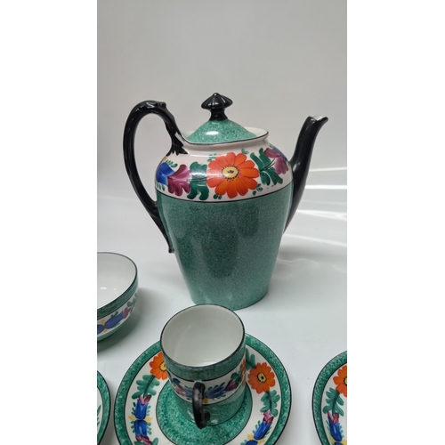 636 - Antique 1900's Art Deco Czech Hand Painted Coffee Set including Coffee Pot, 4 x Cups and Saucers, Mi... 