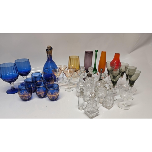 637 - A Selection of Vintage Glassware inc, Perfume Bottles, Vases, Blue Glass, Bells, Smokey Brown Liquer... 