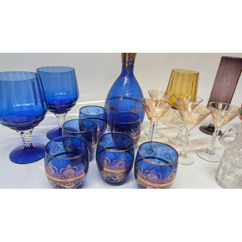 637 - A Selection of Vintage Glassware inc, Perfume Bottles, Vases, Blue Glass, Bells, Smokey Brown Liquer... 