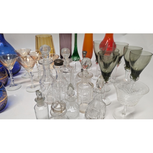 637 - A Selection of Vintage Glassware inc, Perfume Bottles, Vases, Blue Glass, Bells, Smokey Brown Liquer... 