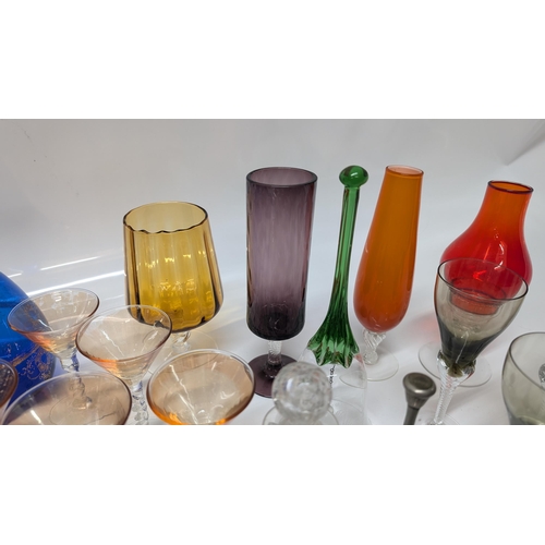 637 - A Selection of Vintage Glassware inc, Perfume Bottles, Vases, Blue Glass, Bells, Smokey Brown Liquer... 