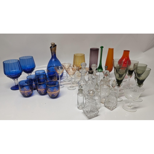 637 - A Selection of Vintage Glassware inc, Perfume Bottles, Vases, Blue Glass, Bells, Smokey Brown Liquer... 