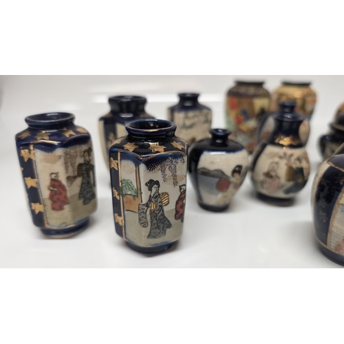 639 - A Collection of Miniature Japanese Satsuma Vases, Moriage Hand Painted and Blue Ground Pottery - Tal... 