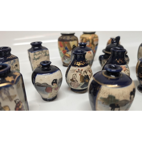 639 - A Collection of Miniature Japanese Satsuma Vases, Moriage Hand Painted and Blue Ground Pottery - Tal... 