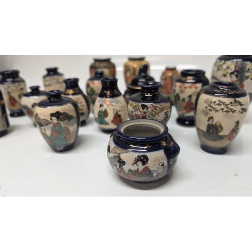 639 - A Collection of Miniature Japanese Satsuma Vases, Moriage Hand Painted and Blue Ground Pottery - Tal... 