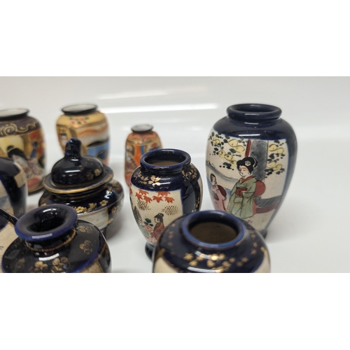 639 - A Collection of Miniature Japanese Satsuma Vases, Moriage Hand Painted and Blue Ground Pottery - Tal... 