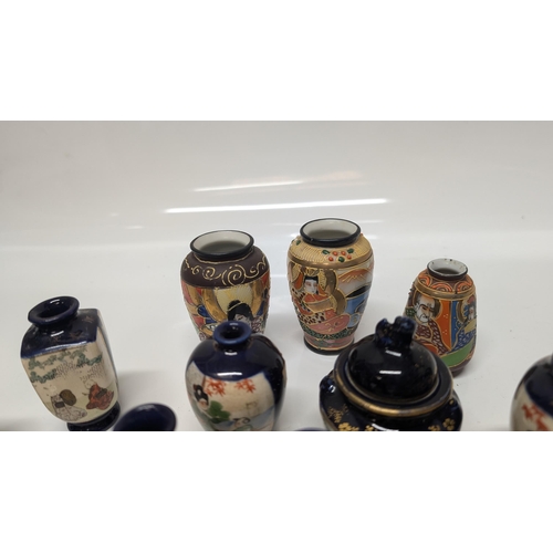 639 - A Collection of Miniature Japanese Satsuma Vases, Moriage Hand Painted and Blue Ground Pottery - Tal... 