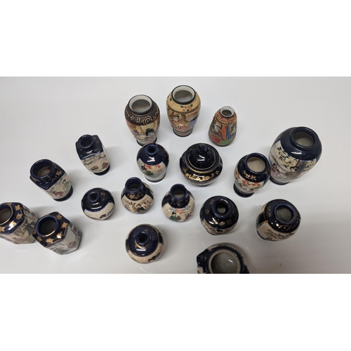 639 - A Collection of Miniature Japanese Satsuma Vases, Moriage Hand Painted and Blue Ground Pottery - Tal... 