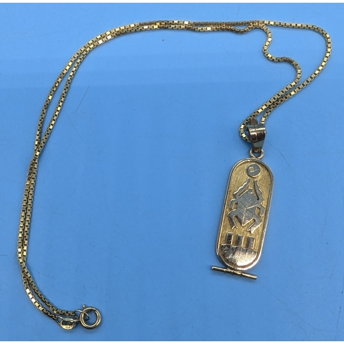 211 - A 9ct Gold Egyptian Cartouche Necklace And Chain With Hieroglyphics - 9.1gms