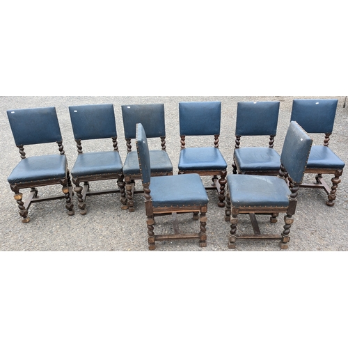 1470 - 8x Antique Chairs With Turned Legs And Blue Leatherette Upholstery