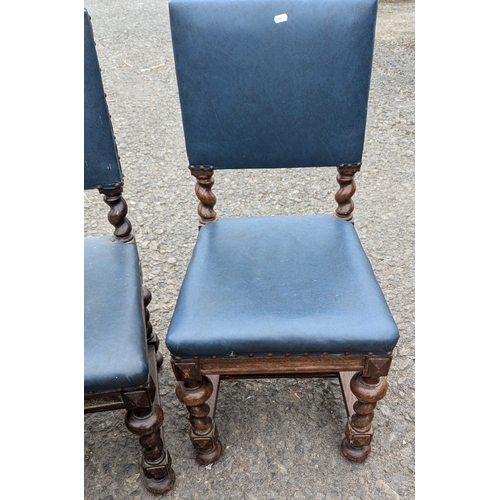 1470 - 8x Antique Chairs With Turned Legs And Blue Leatherette Upholstery