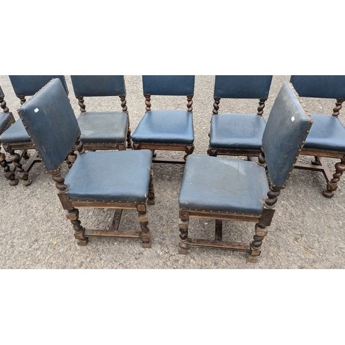 1470 - 8x Antique Chairs With Turned Legs And Blue Leatherette Upholstery