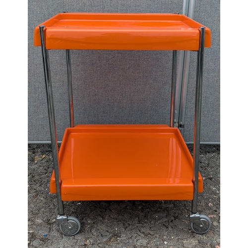 1472 - A 1960's  2 Tiered Chrome And Orange Plastic Wheeled Trolley - 60 x 44 x44cm