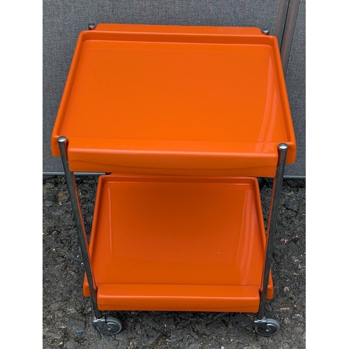 1472 - A 1960's  2 Tiered Chrome And Orange Plastic Wheeled Trolley - 60 x 44 x44cm