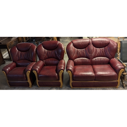 1026 - A Red Leather 3 Piece Sofa Set - 2 Seater 125cm Wide - Single Seater 80cm Wide