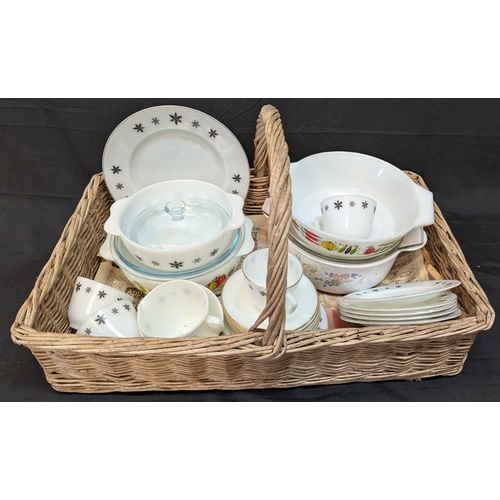 1474 - Selection Of Mixed Pyrex Cooking And Dinnerware In Wicker Bead Basket