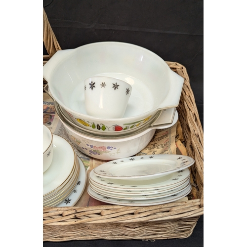 1474 - Selection Of Mixed Pyrex Cooking And Dinnerware In Wicker Bead Basket