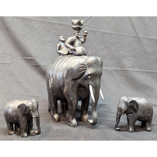 778 - Set Of 3 Ebonised Wooden Elephants - 2 Smaller 12cm - Largest 36cm Tall