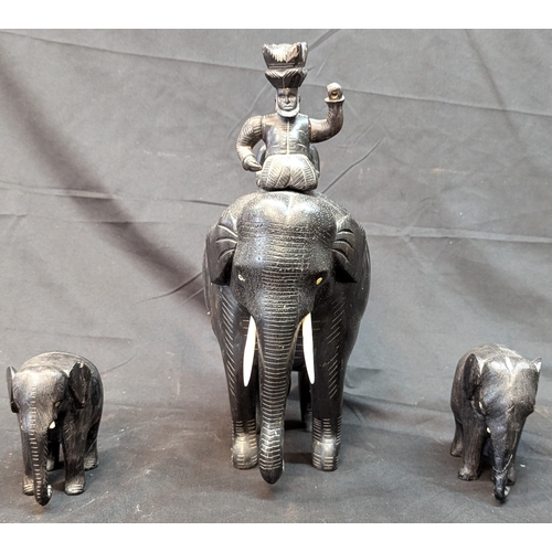 778 - Set Of 3 Ebonised Wooden Elephants - 2 Smaller 12cm - Largest 36cm Tall