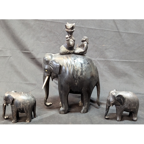 778 - Set Of 3 Ebonised Wooden Elephants - 2 Smaller 12cm - Largest 36cm Tall