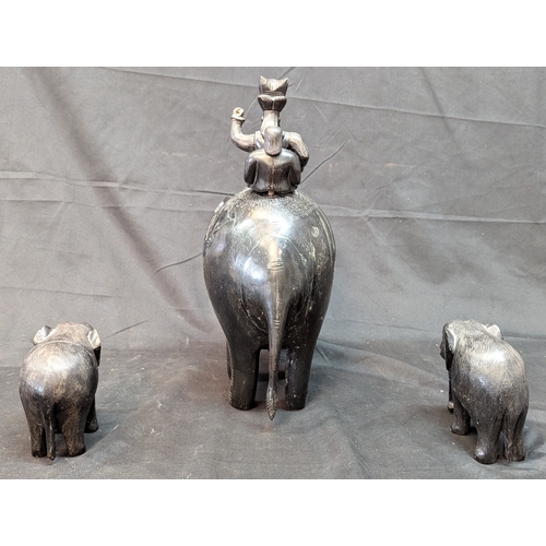 778 - Set Of 3 Ebonised Wooden Elephants - 2 Smaller 12cm - Largest 36cm Tall