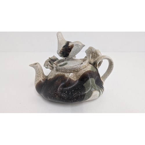 125 - Vintage Abstract Decorative Pottery Tea Pot with Birds and Lilys.  Letter B to Base.  Approx 16cm Ta... 