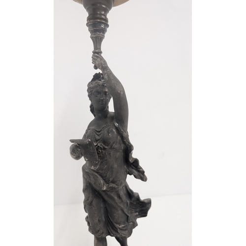 32 - Antique Tall French Spelter Oil Lamp Figural of a Lady with Chanson Par Rousscall Plaque