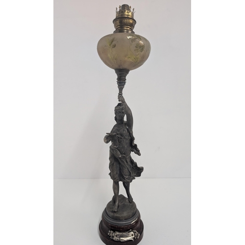 32 - Antique Tall French Spelter Oil Lamp Figural of a Lady with Chanson Par Rousscall Plaque