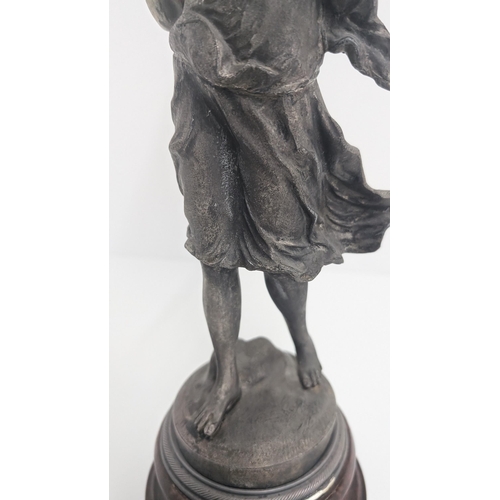 32 - Antique Tall French Spelter Oil Lamp Figural of a Lady with Chanson Par Rousscall Plaque