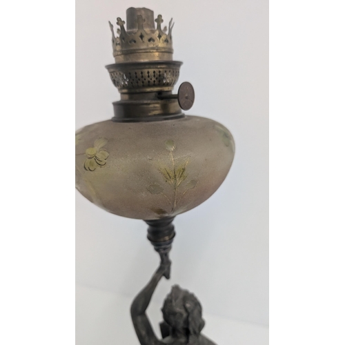 32 - Antique Tall French Spelter Oil Lamp Figural of a Lady with Chanson Par Rousscall Plaque