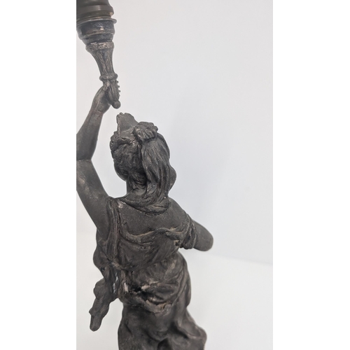 32 - Antique Tall French Spelter Oil Lamp Figural of a Lady with Chanson Par Rousscall Plaque